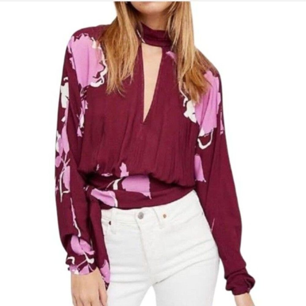 Free People Say you love me Plum Floral Top With Smocked Tie Waist Small P